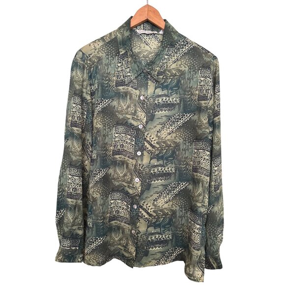 French Laundry Women's Blouse Abstract Button Up Top Olive Green Large Office - Picture 1 of 8